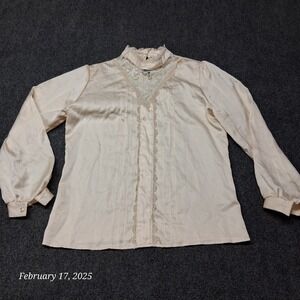 Vintage Jani Originals Shirt Woman Size 8 Ivory Cottagecore Lace Satin Top